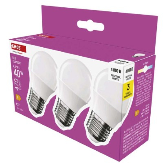 LED žárovka Classic Mini Globe / E27 / 4,2 W (40 W) / 470 lm / neutrální bílá - 3ks