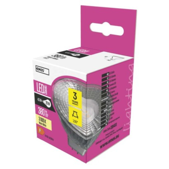 LED žárovka Classic MR16 / GU5,3 / 4,5 W (28 W) / 380 lm / teplá bílá