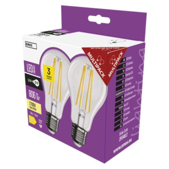 LED žárovka Filament A60 / E27 / 5,9 W (60 W) / 806 lm / teplá bílá - 2ks