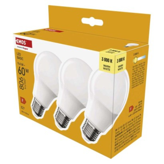 LED žárovka Basic A60 / E27 / 9,4 W (60 W) / 806 lm / teplá bílá - 3ks