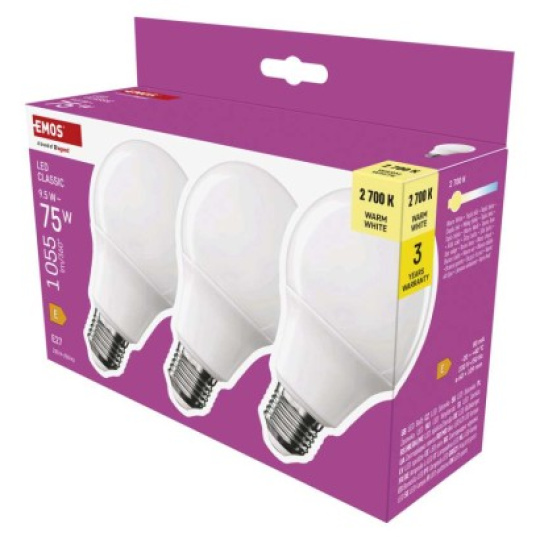 LED žárovka Classic A60 / E27 / 9,5 W (75 W) / 1055 lm / teplá bílá - 3ks